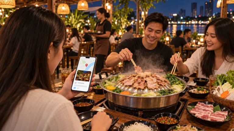 ลูกค้าค้นหาร้านหมูกระทะผ่านแผนที่บนมือถือก่อนรับประทานอาหารกับเพื่อน