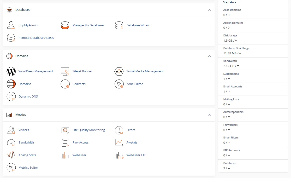ตัวอย่างหน้าจอระบบจัดการ Web Hosting ด้วย cPanel