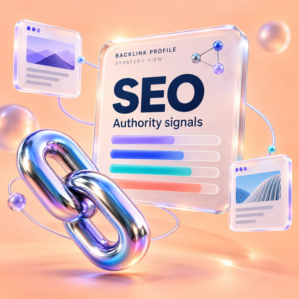 ภาพ 3D แสดง Backlink Profile พร้อมสัญลักษณ์ลิงก์และเว็บไซต์เชื่อมโยง สื่อถึง SEO Authority Signals