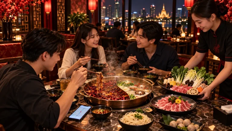 ลูกค้ารับประทานหมาล่าขณะพนักงานนำวัตถุดิบมาเสิร์ฟภายในร้านอาหารจีน